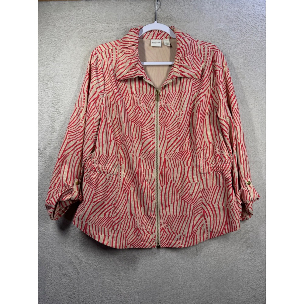 Chicos Zenergy Jacket Women's L Red Tan Metallic Abstract Zip Up Athleisure